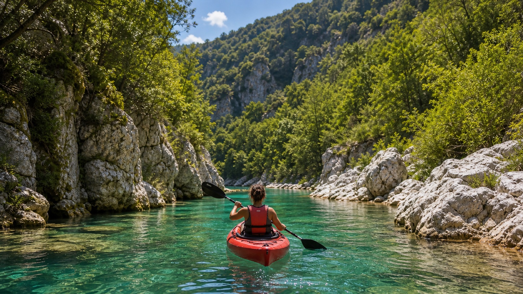 Canoa sul fiume tra rocce e bosco